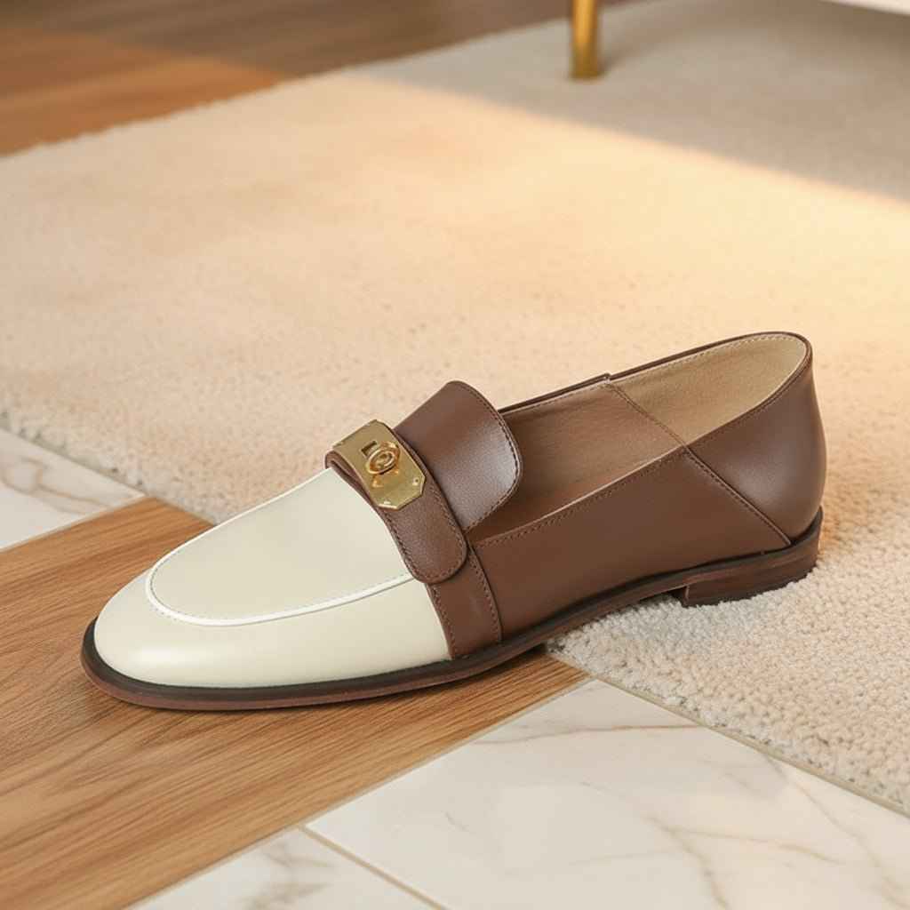 Mocassins Cuir Premium Beige Designer avec Cadenas