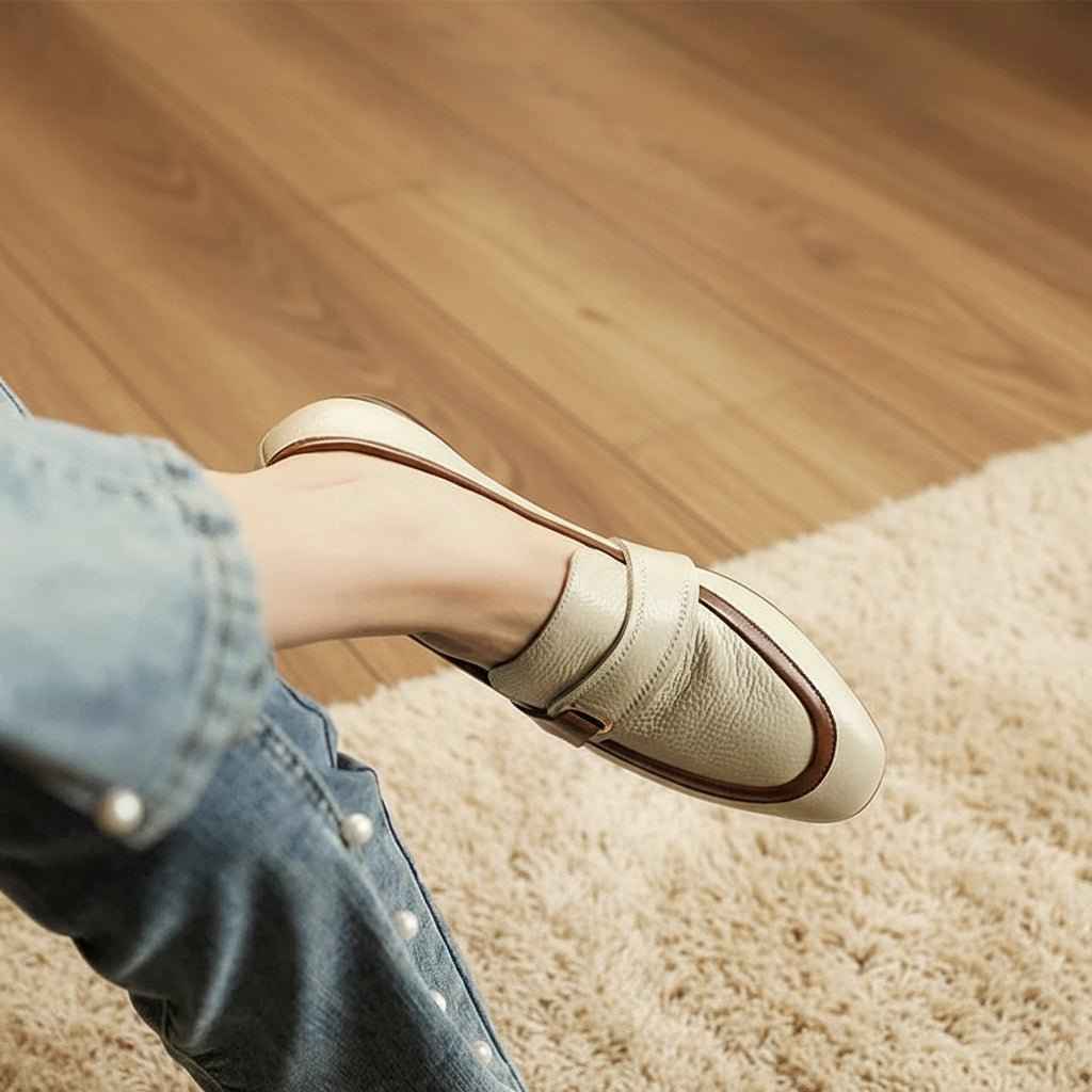 Mocassins Femme Cuir Rétro Gris - Élégance et Confort Premium Bout Carré