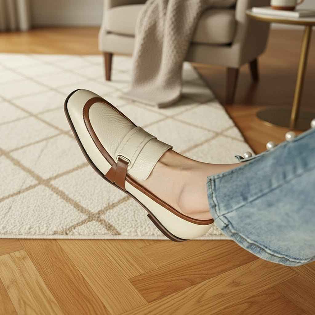 Mocassins Femme Cuir Rétro Gris - Élégance et Confort Premium Bout Carré