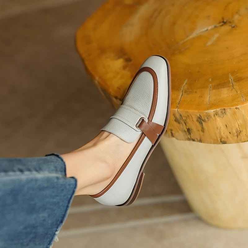 Mocassins Femme Cuir Rétro Gris - Élégance et Confort Premium Bout Carré