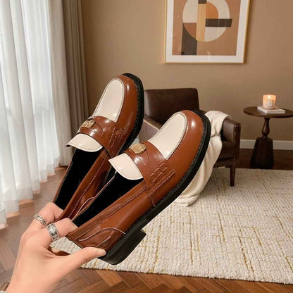 Mocassins Femme Cuir Doré avec Détail Doré - Style Britannique Rétro