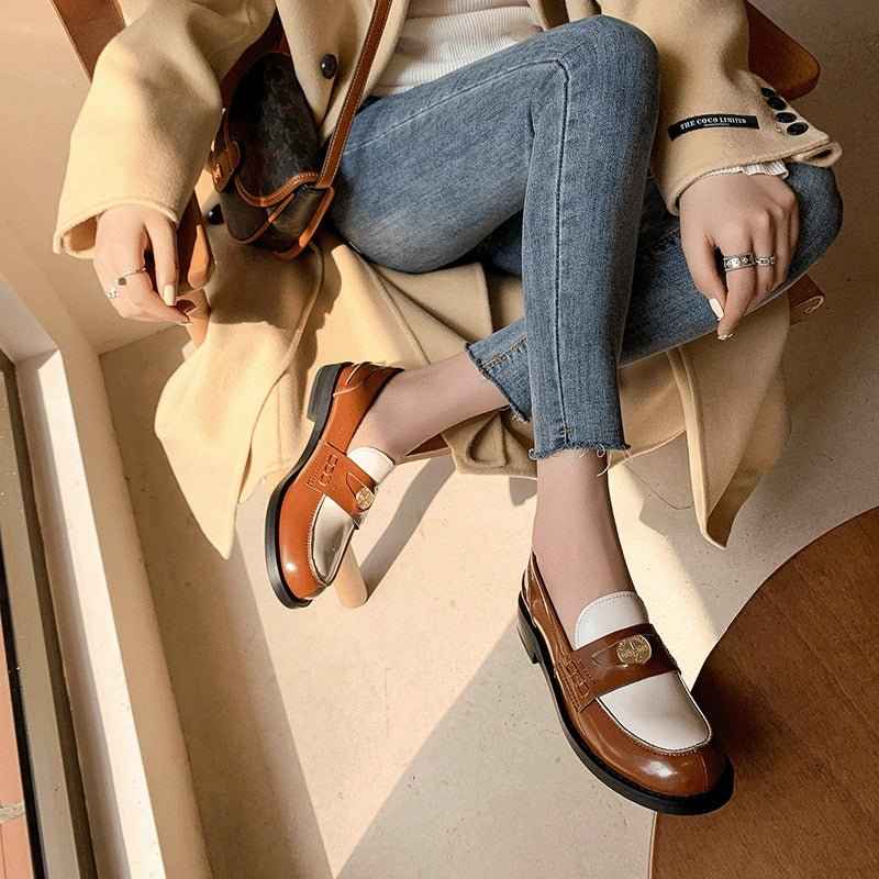 Mocassins Femme Cuir Doré avec Détail Doré - Style Britannique Rétro