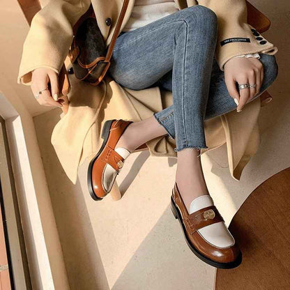 Mocassins Femme Cuir Doré avec Détail Doré - Style Britannique Rétro