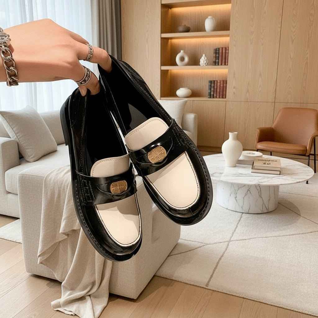 Mocassins Femme Cuir Doré avec Détail Doré - Style Britannique Rétro