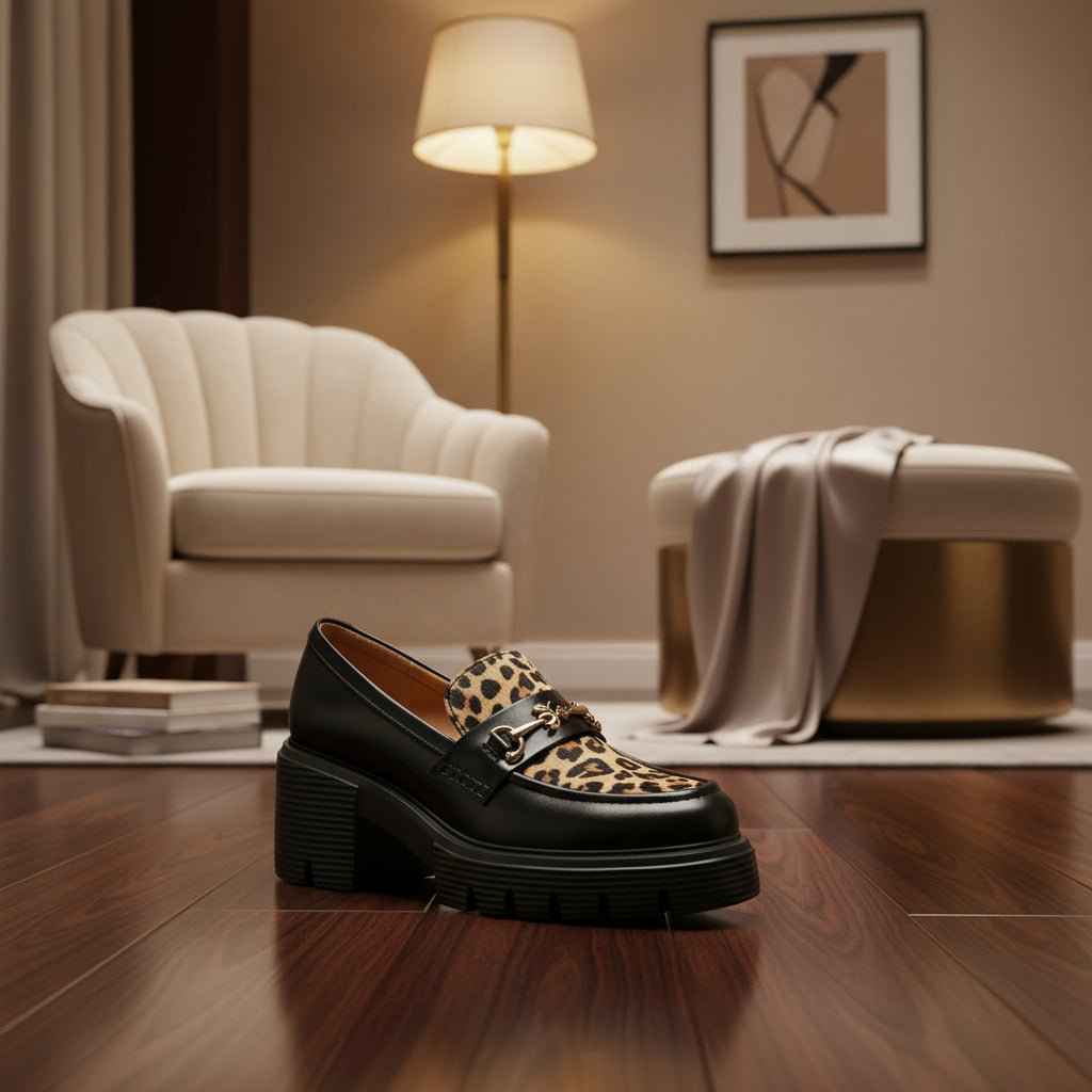 Mocassins Femme Cuir Léopard - Élégance et Confort avec Plateforme Slip-On