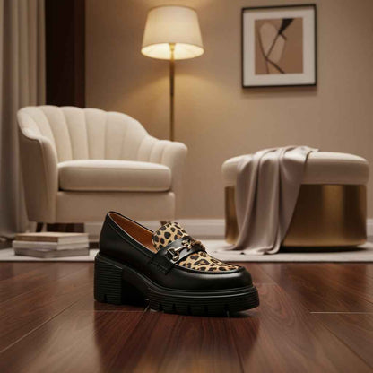 Mocassins Femme Cuir Léopard - Élégance et Confort avec Plateforme Slip-On