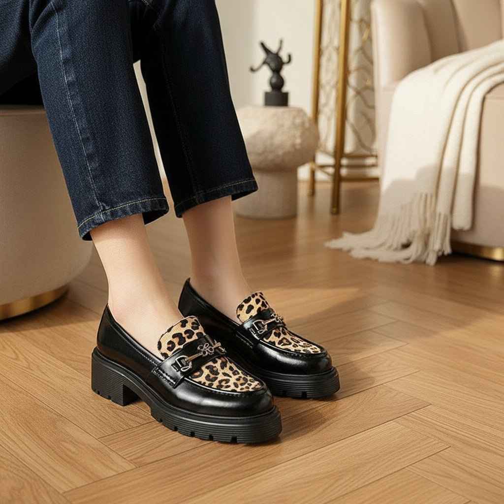 Mocassins Femme Cuir Léopard - Élégance et Confort avec Plateforme Slip-On