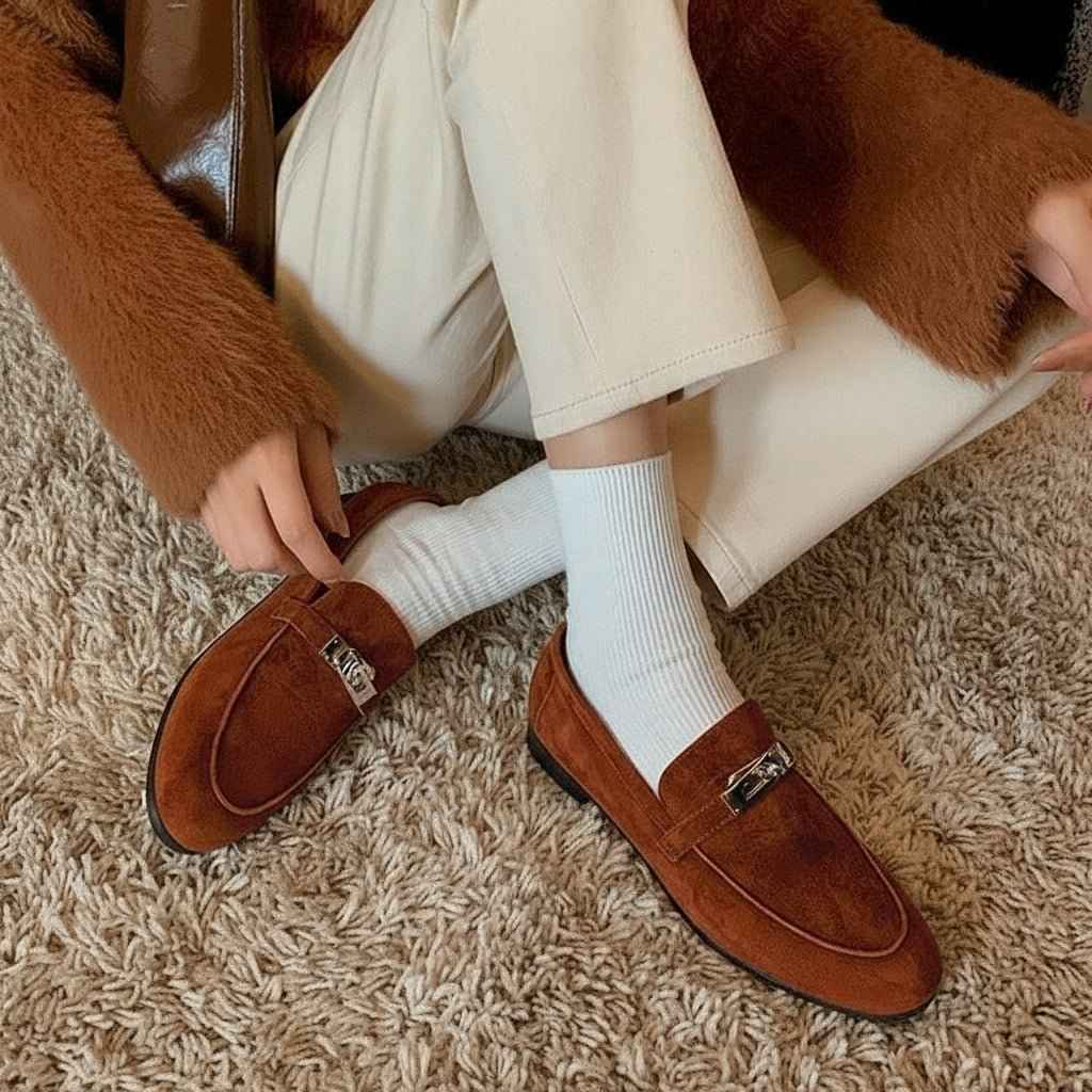 Mocassins Femme Cuir Premium en Daim Mouton avec Boucle Cadenas et Bout Rond