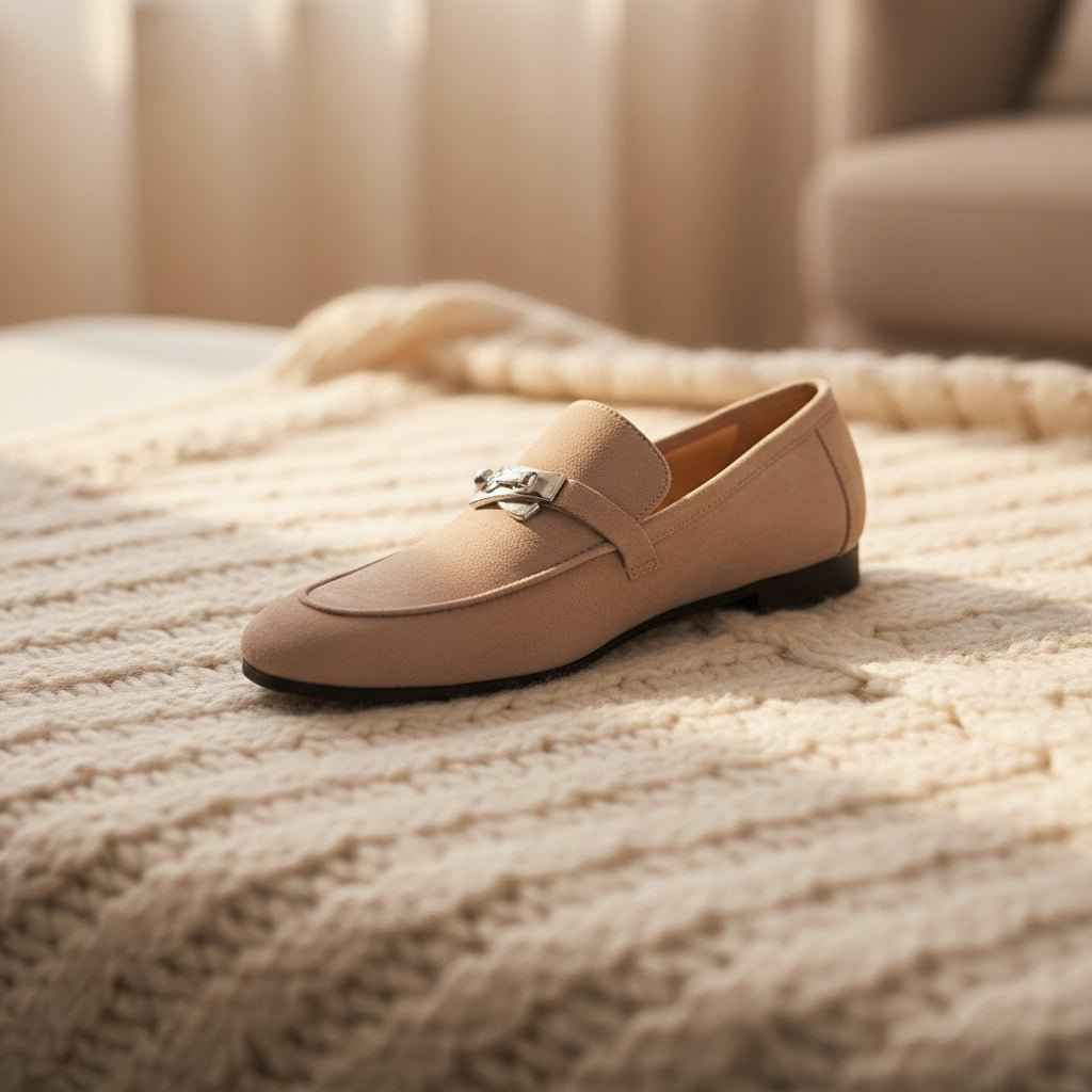 Mocassins Femme Cuir Premium en Daim Mouton avec Boucle Cadenas et Bout Rond