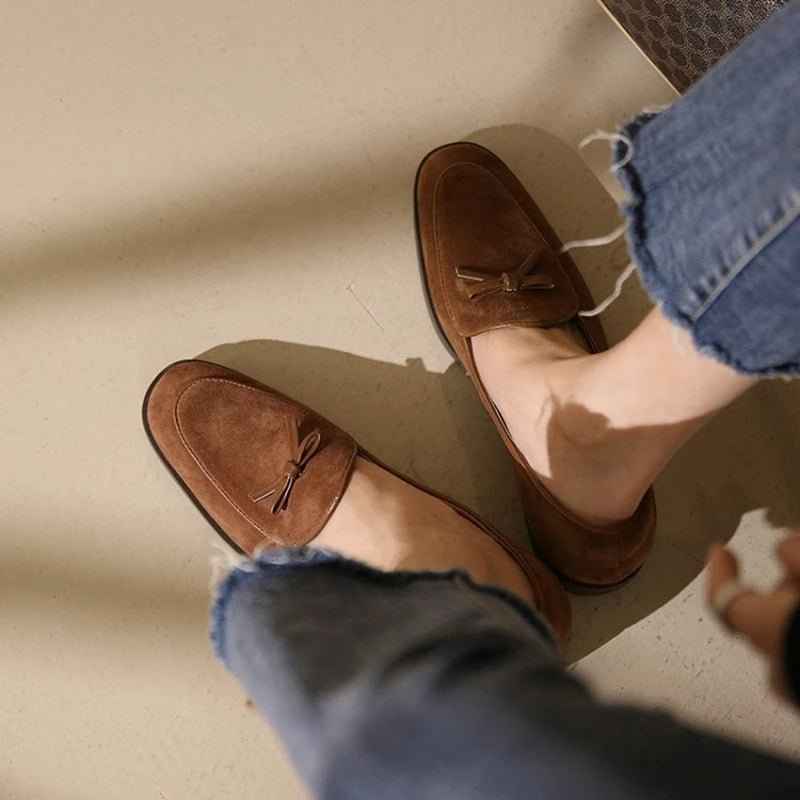 Mocassins Femme Cuir Vache Premium avec Nœud et Talons Épais Bout Rond