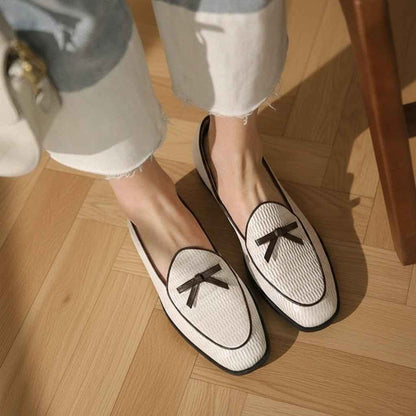 Mocassins Femme Cuir Vache Premium avec Nœud et Talons Épais Bout Rond