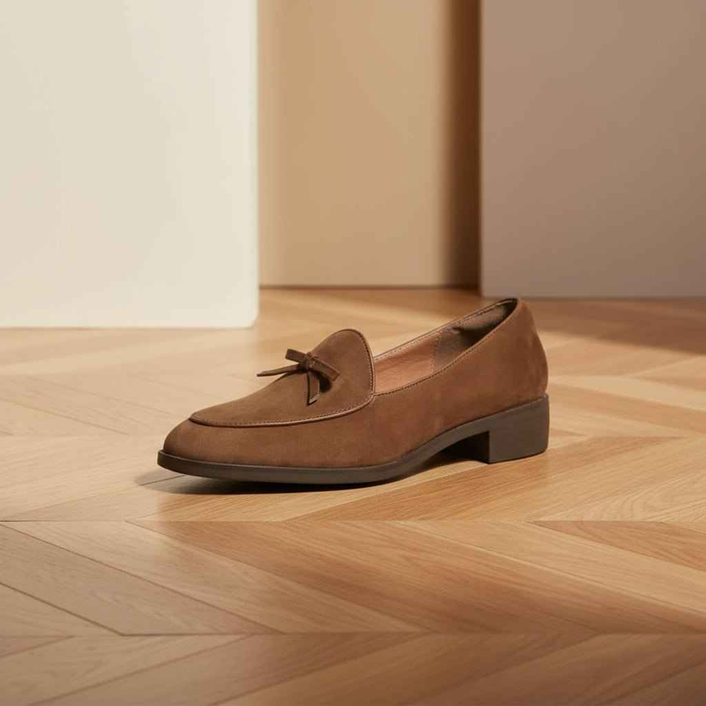 Mocassins Femme Cuir Vache Premium avec Nœud et Talons Épais Bout Rond