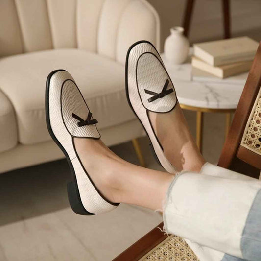 Mocassins Femme Cuir Vache Premium avec Nœud et Talons Épais Bout Rond