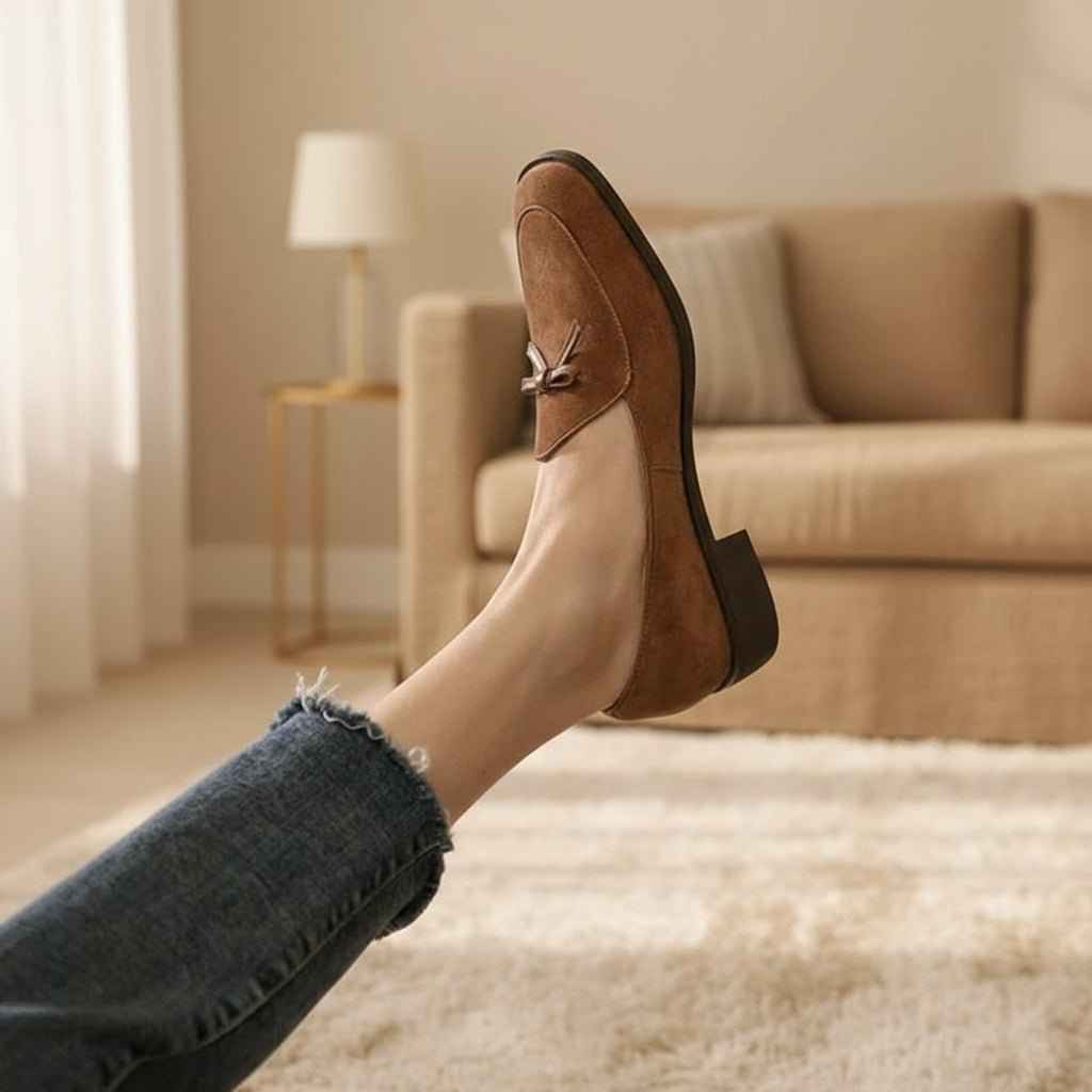 Mocassins Femme Cuir Vache Premium avec Nœud et Talons Épais Bout Rond