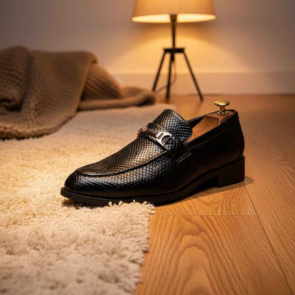 Mocassins Homme Cuir Noir Python avec Mors Doré - Style Italien