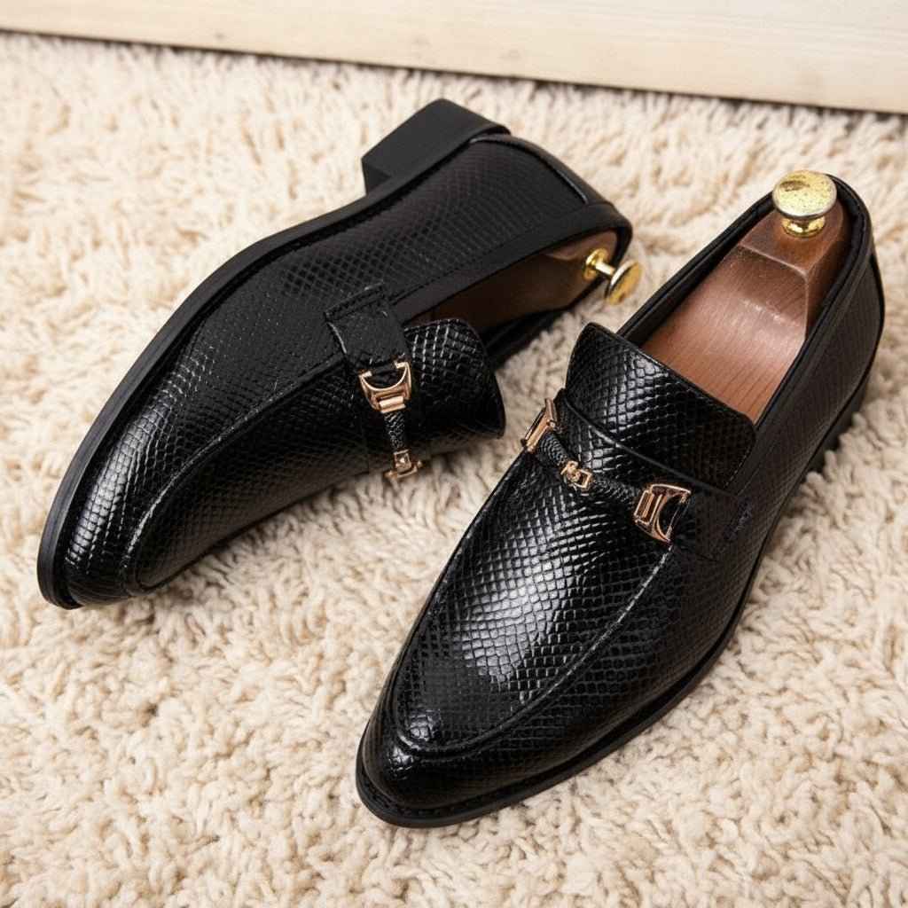 Mocassins Homme Cuir Noir Python avec Mors Doré - Style Italien