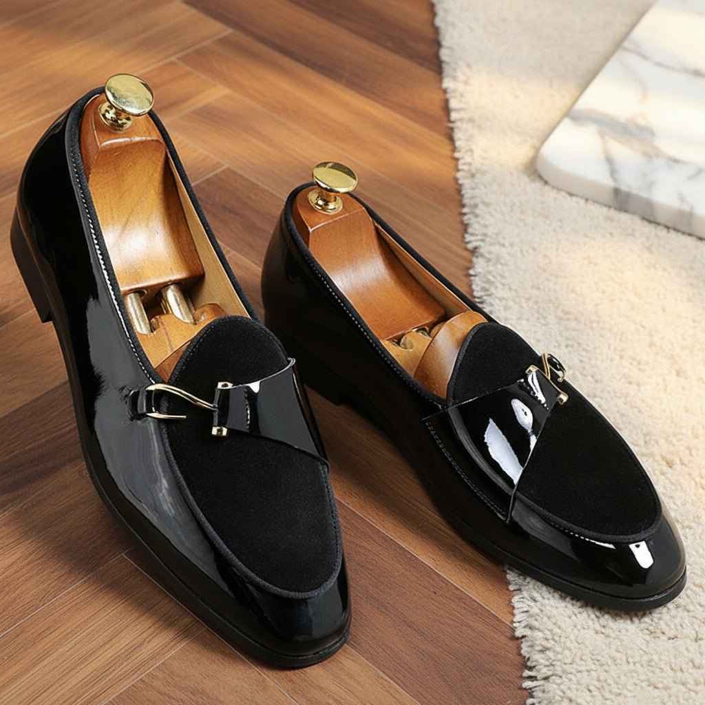 Mocassins Homme Cuir Verni Daim avec Boucle Métallique - Casual Tendance et Confort