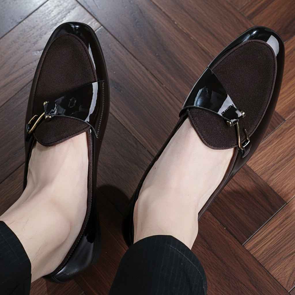 Mocassins Homme Cuir Verni Daim avec Boucle Métallique - Casual Tendance et Confort