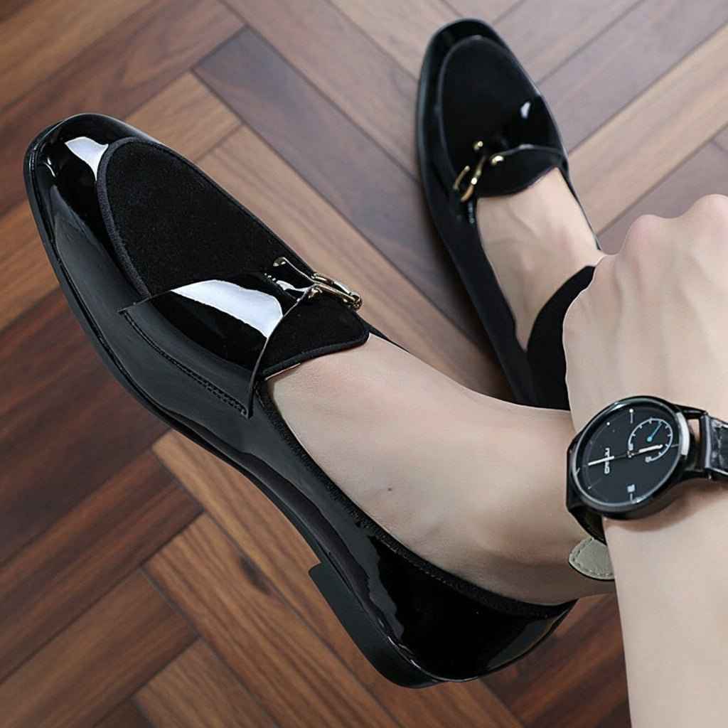 Mocassins Homme Cuir Verni Daim avec Boucle Métallique - Casual Tendance et Confort