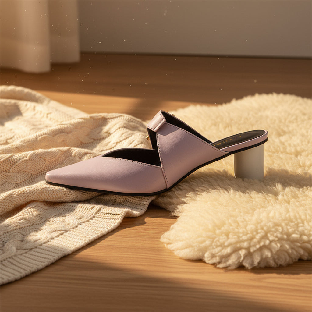 Escarpin mule en cuir italien violet pastel, talon carré moyen blanc, décoration métal doré élégante, design artisanal et.