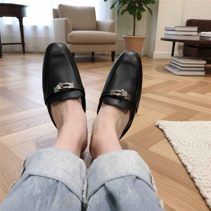 Mules Femme Cuir Confort Bout Fermé - Boucle Métallique Talons Bas