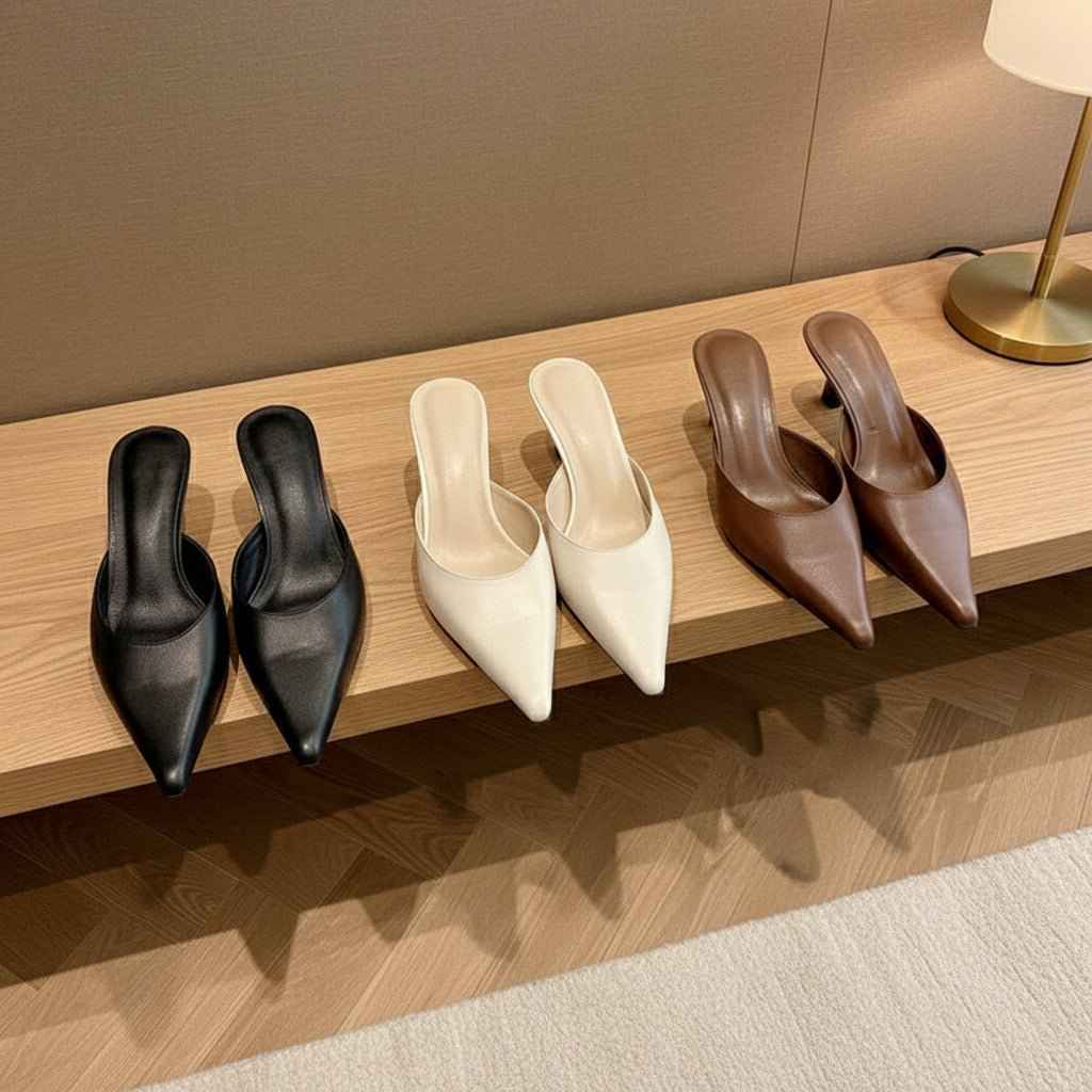 sandales Femme Cuir Véritable Bout Pointu - Sabots Français Talons Aiguilles