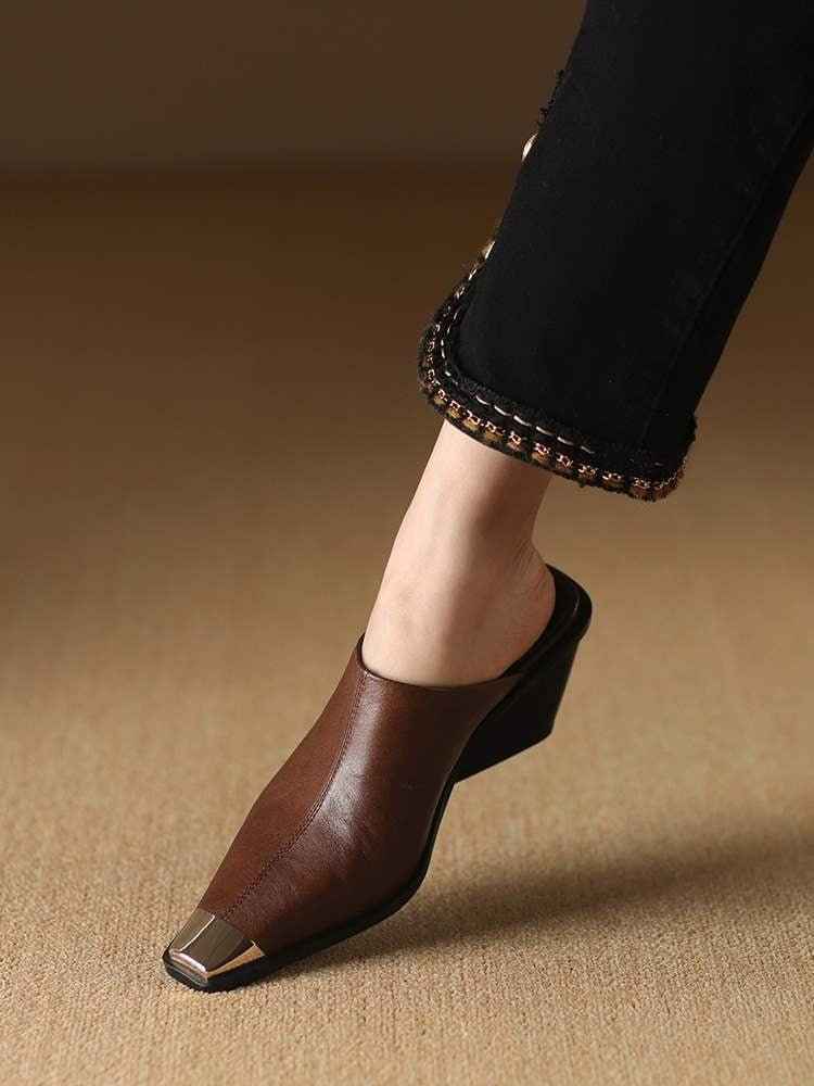 Sandales Femme Cuir Véritable Talons Hauts - Sabots Élégants Baotou Sans Talon Arrière